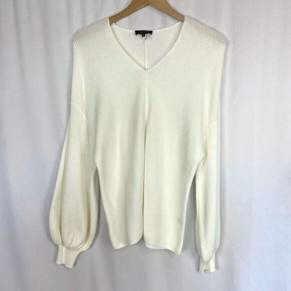 1. State Sweater Long Balloon Sleeve Horizontal Ribbed V Neck Ivory Women’s M - Picture 12 of 13